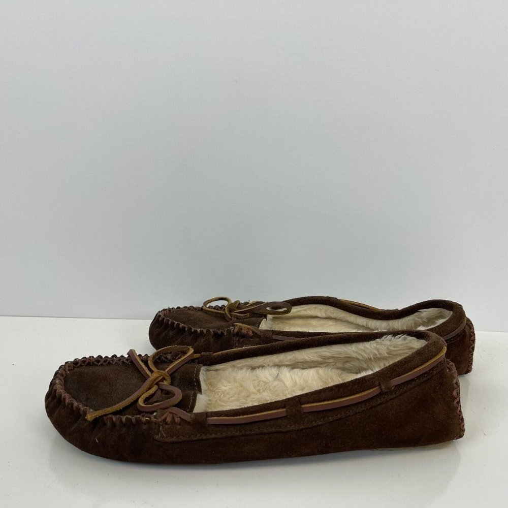 Minnietonka Pile Lined Hardsole Moccasin Loafers Suede Brown Womens Size 11